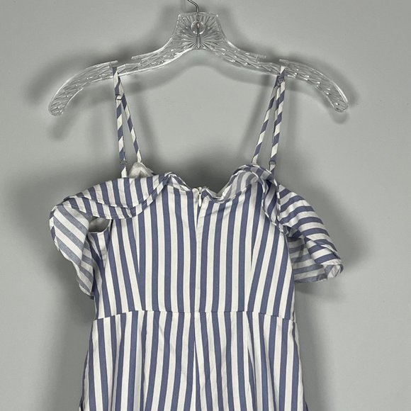 Main Strip Blue White Stripe Ruffle Off Shoulder Romper Jumpsuit size Small - Picture 8 of 12